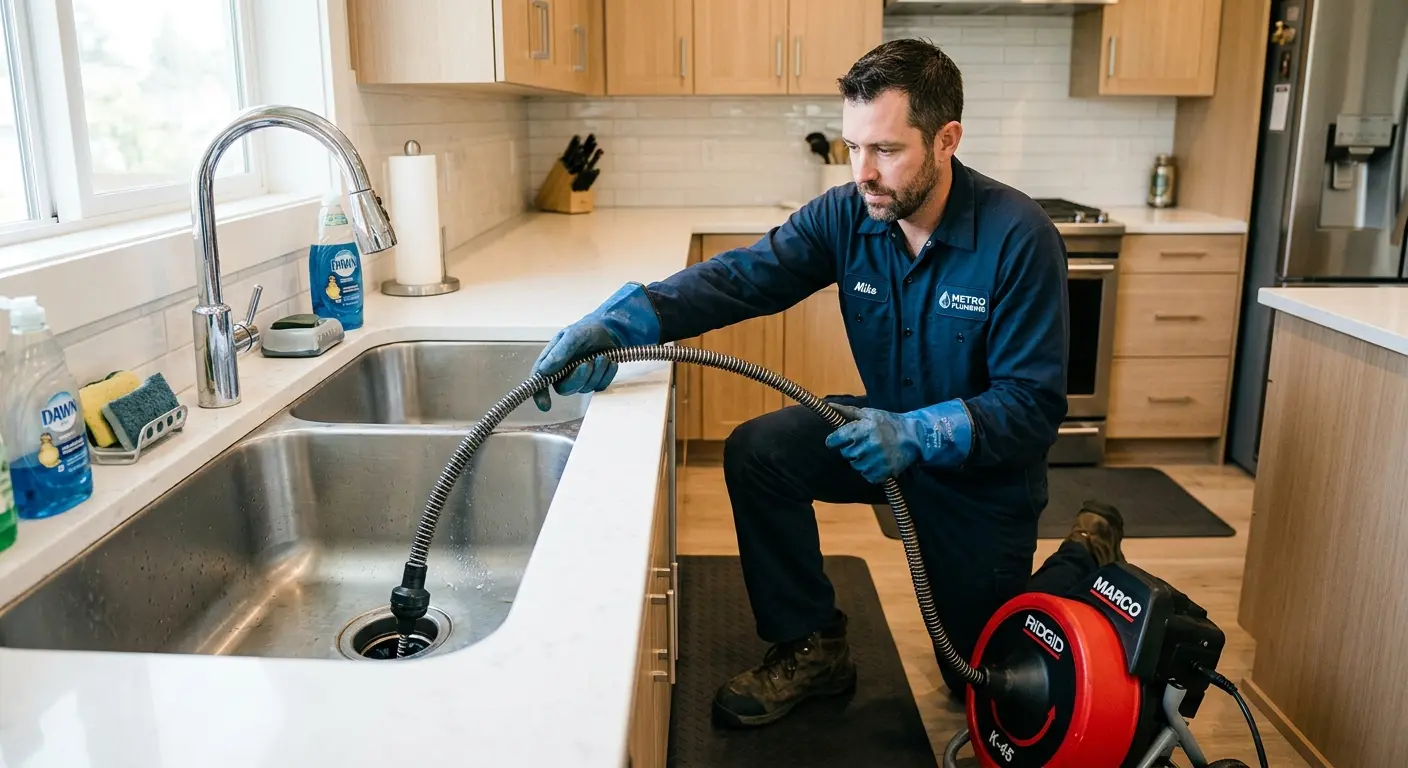 Drain cleaning technician using a motorized snake on a kitchen sink in Corvallis