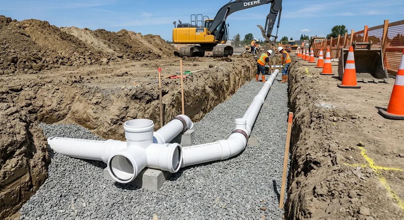 New PVC sewer pipe installation in open trench for Grease Trap Cleaning in Corvallis