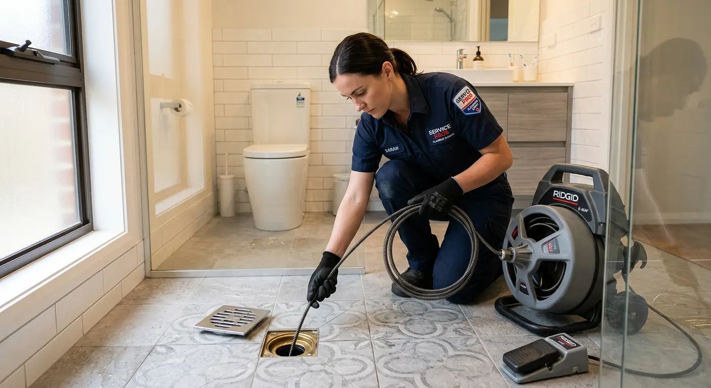 Technician clearing a bathroom floor drain for Drain Repair in Corvallis